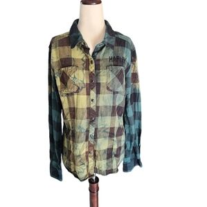 Plaid Button-Front Flannel Shirt - Green & Brown
